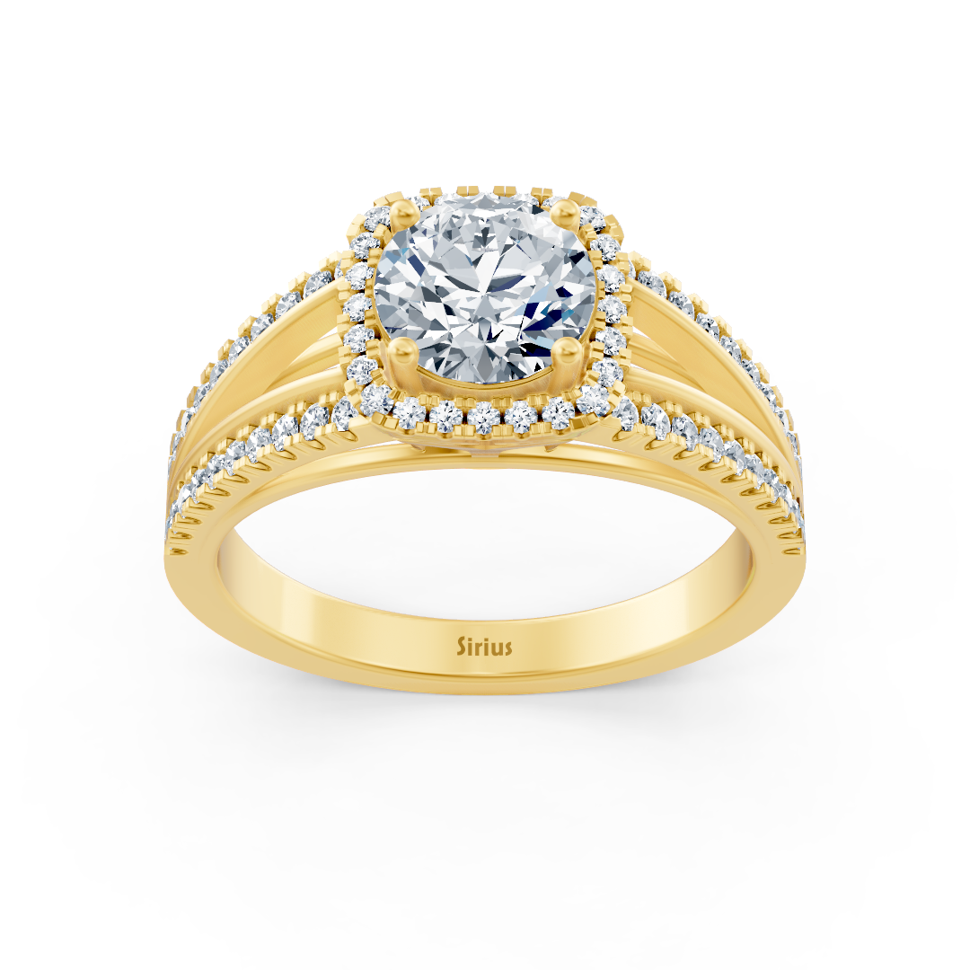 Delicate halo diamond engagement ring in 14-carat yellow gold