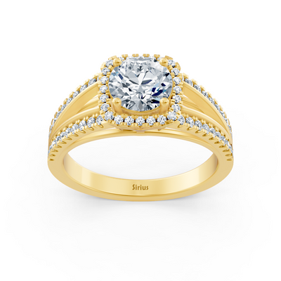 Delicate halo diamond engagement ring in 14-carat yellow gold