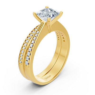 Yellow gold diamond princess cut stacking ring with accents