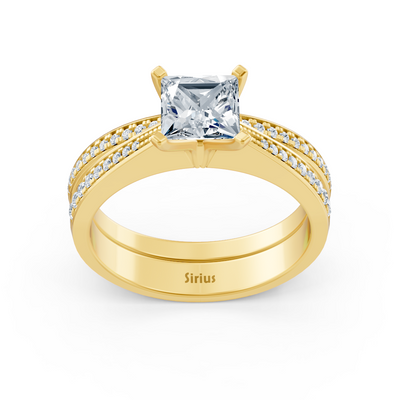 Yellow gold diamond princess cut stacking ring with accents