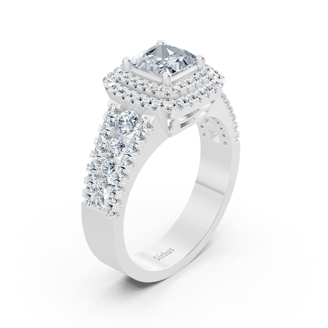 14 Karat Weißgold Prinzessschliff Diamant & Rubin Doppel-Halo Verlobungsring