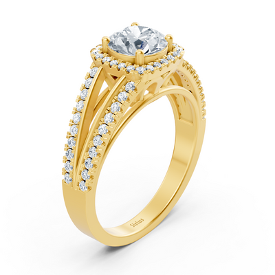 Delicate halo diamond engagement ring in 14-carat yellow gold