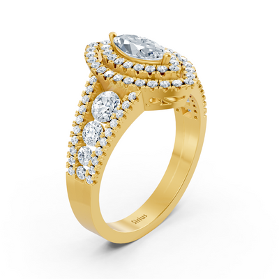 14 Karat Gelbgold Doppel-Halo Ovalschliff Diamant & Saphir Verlobungsring