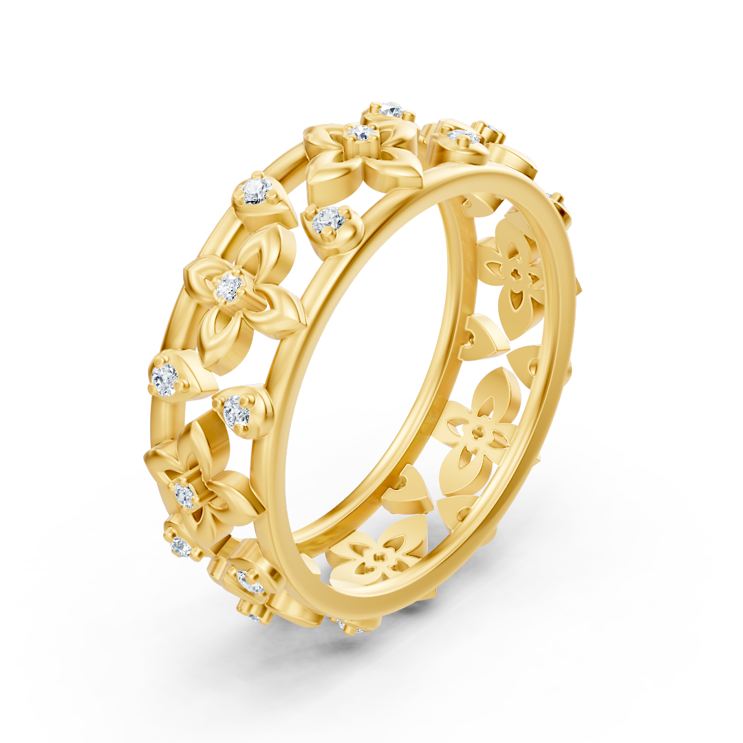 Noble yellow gold ring with diamonds in a flower design – filigree elegance