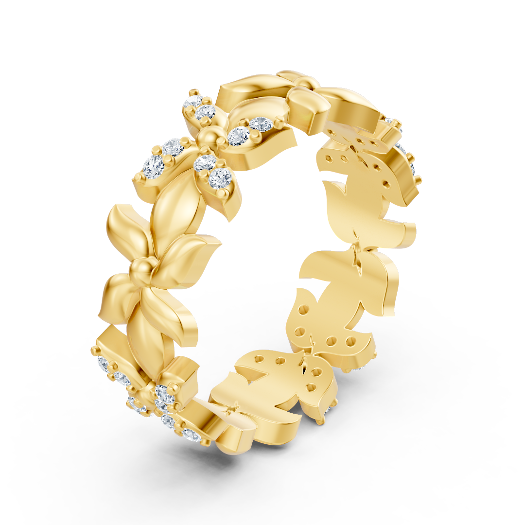 Sparkling yellow gold ring with diamonds – butterfly design