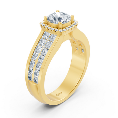Extravagant diamond engagement ring with princess and brilliant cut in 14 carat yellow gold