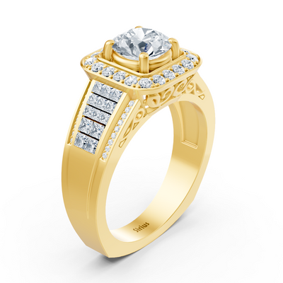 Sparkling princess and brilliant cut diamond engagement ring in 14 carat yellow gold