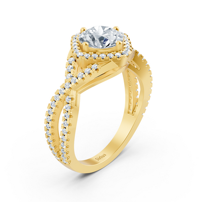 Diamond halo engagement ring in yellow gold