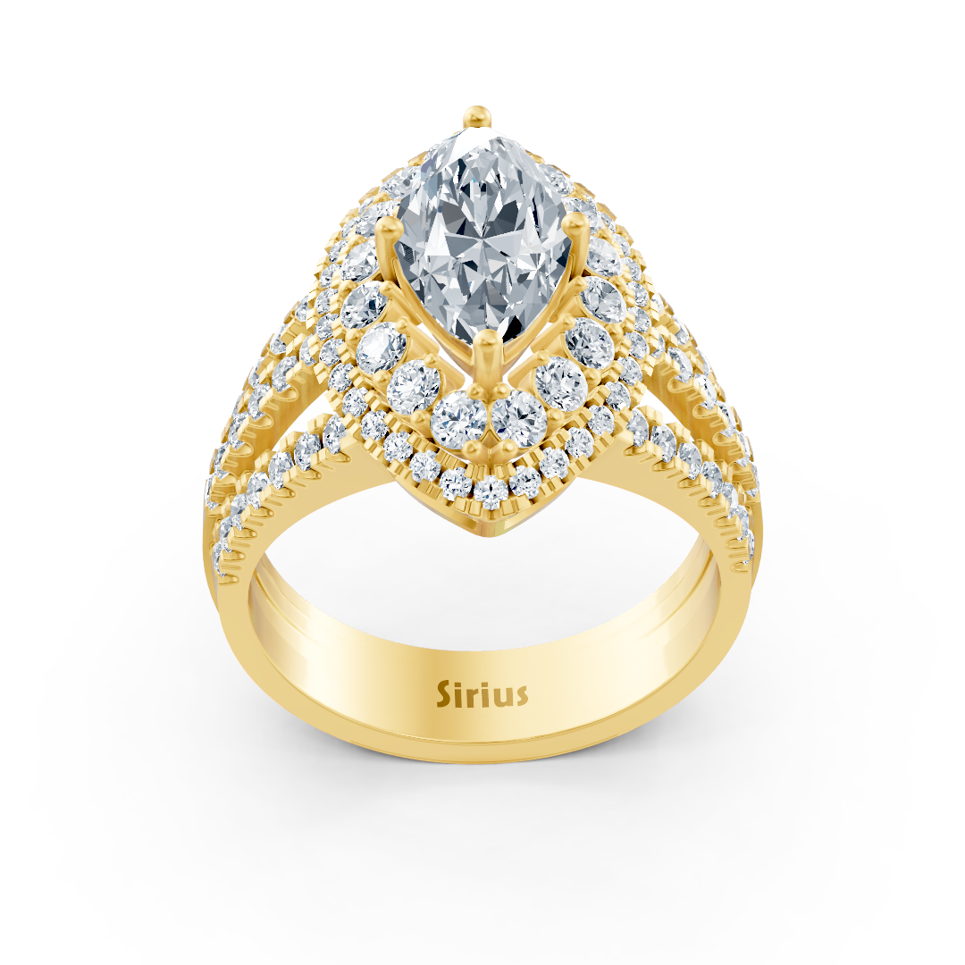 Gelbgoldener Halo-Ring mit Marquise-Diamant & Rubinen
