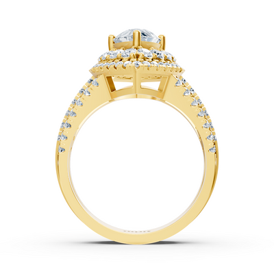 Gelbgoldener Halo-Ring mit Marquise-Diamant & Rubinen