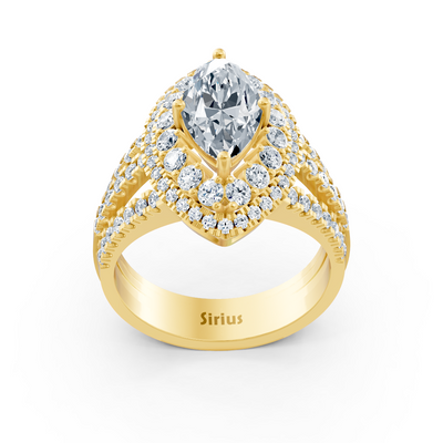 Gelbgoldener Halo-Ring mit Marquise-Diamant & Rubinen