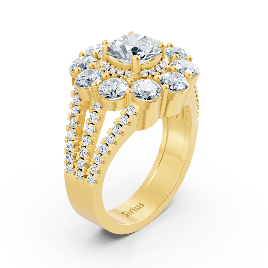 Gelbgoldener Halo-Ring mit Diamanten, Smaragden & Rubinen