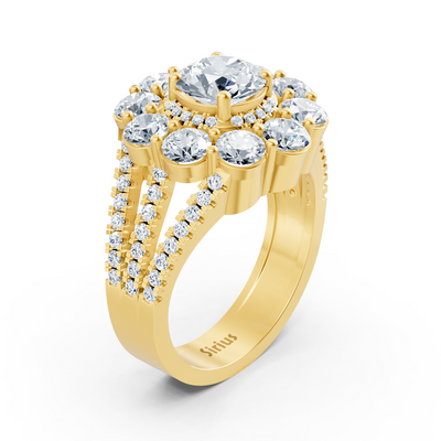 Gelbgoldener Halo-Ring mit Diamanten, Smaragden & Rubinen
