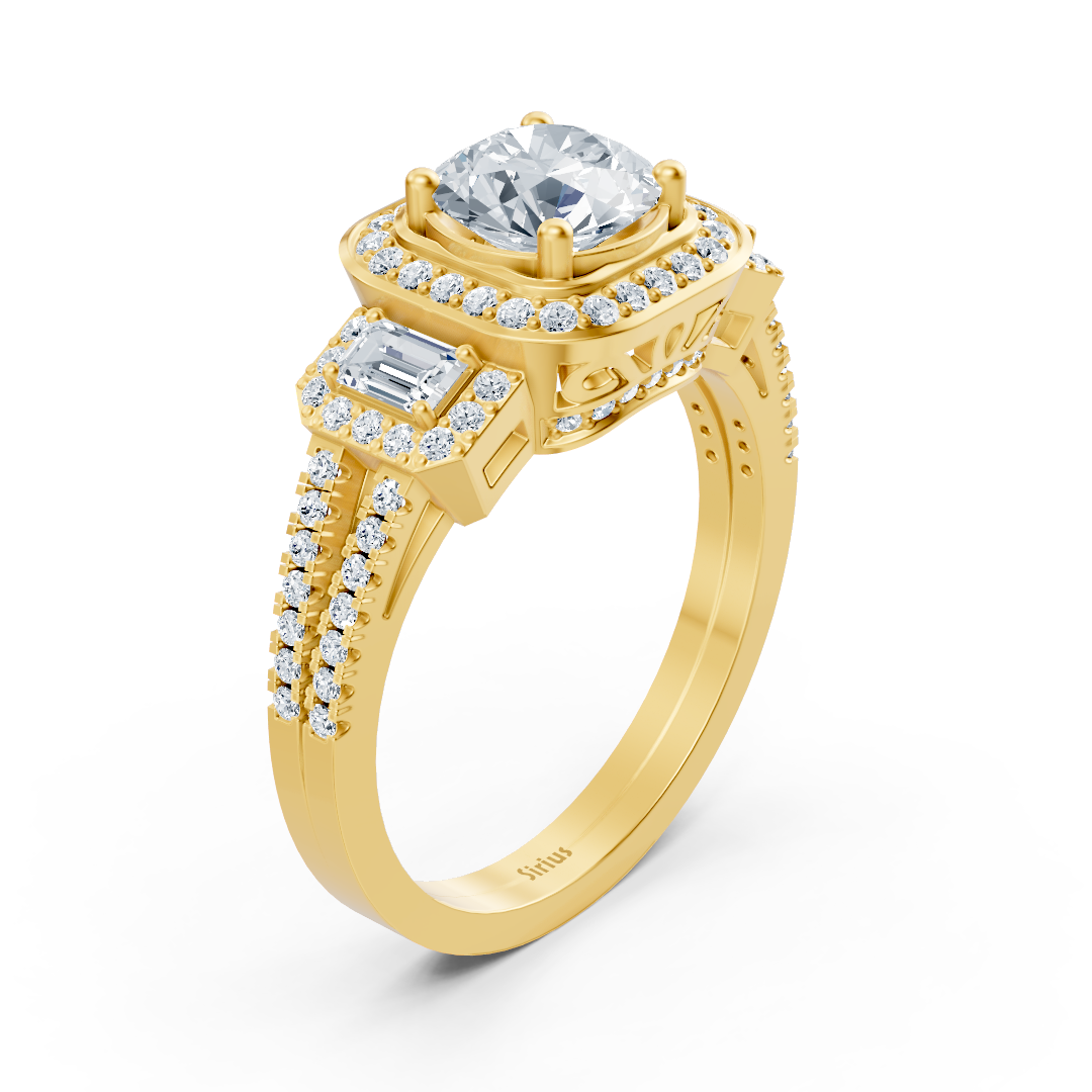 Three-stone &amp; halo diamond ring yellow gold