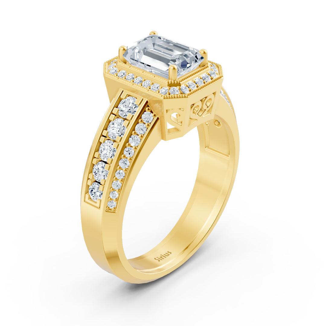 Birgie Sirius Yellow Gold Diamond &amp; Emerald Halo Ring with Emerald &amp; Round Cut