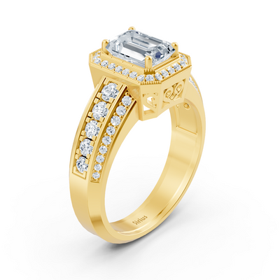 Birgie Sirius Yellow Gold Diamond &amp; Emerald Halo Ring with Emerald &amp; Round Cut