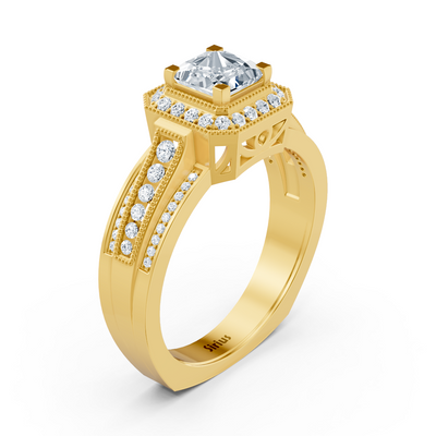Birgie Sirius Gelbgold Diamant & Saphir Halo Ring mit Prinzess & Rundschliff