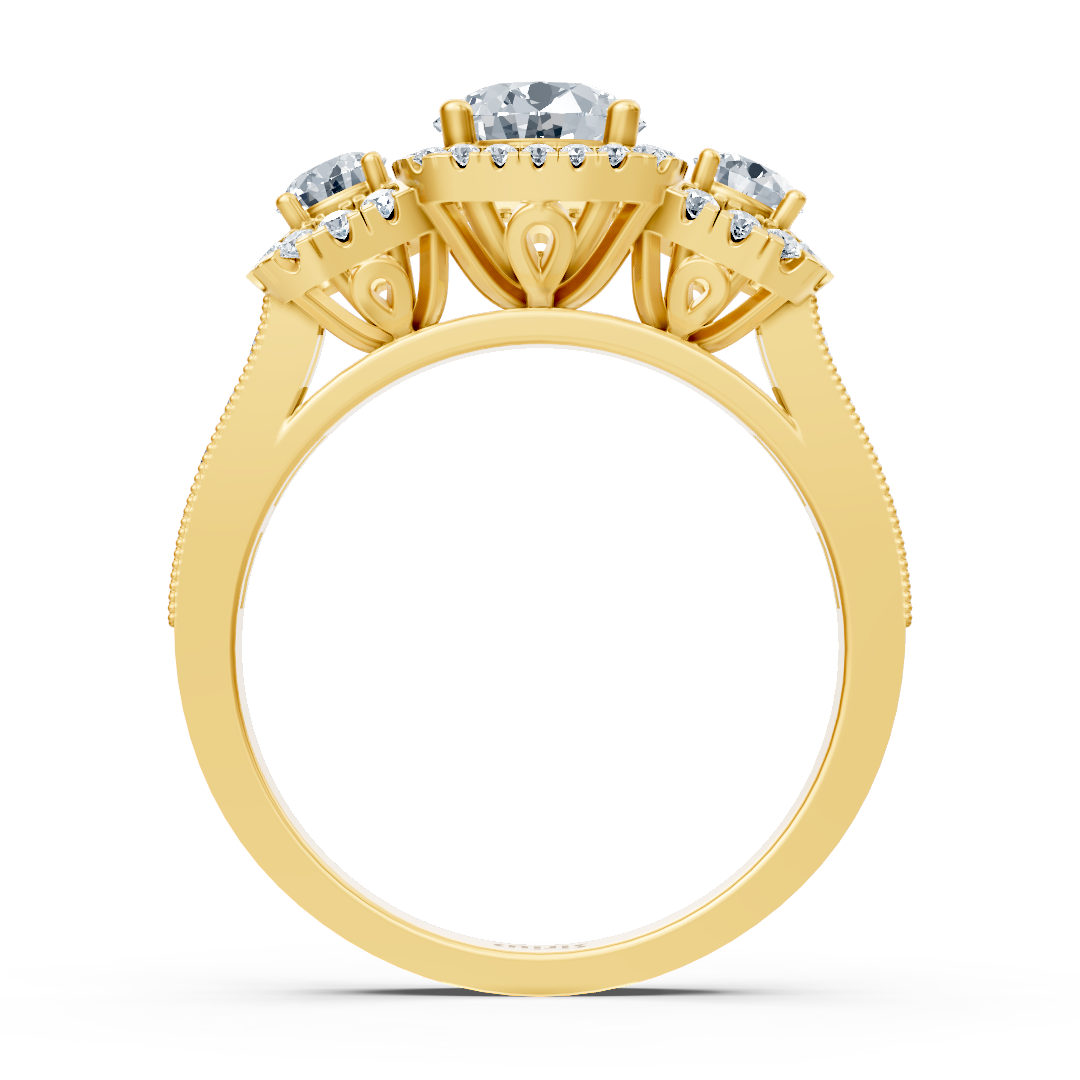 Gelbgoldener Halo Drei-Stein Diamantring