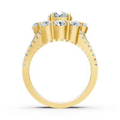 Gelbgoldener Halo-Ring mit Diamanten, Smaragden & Rubinen