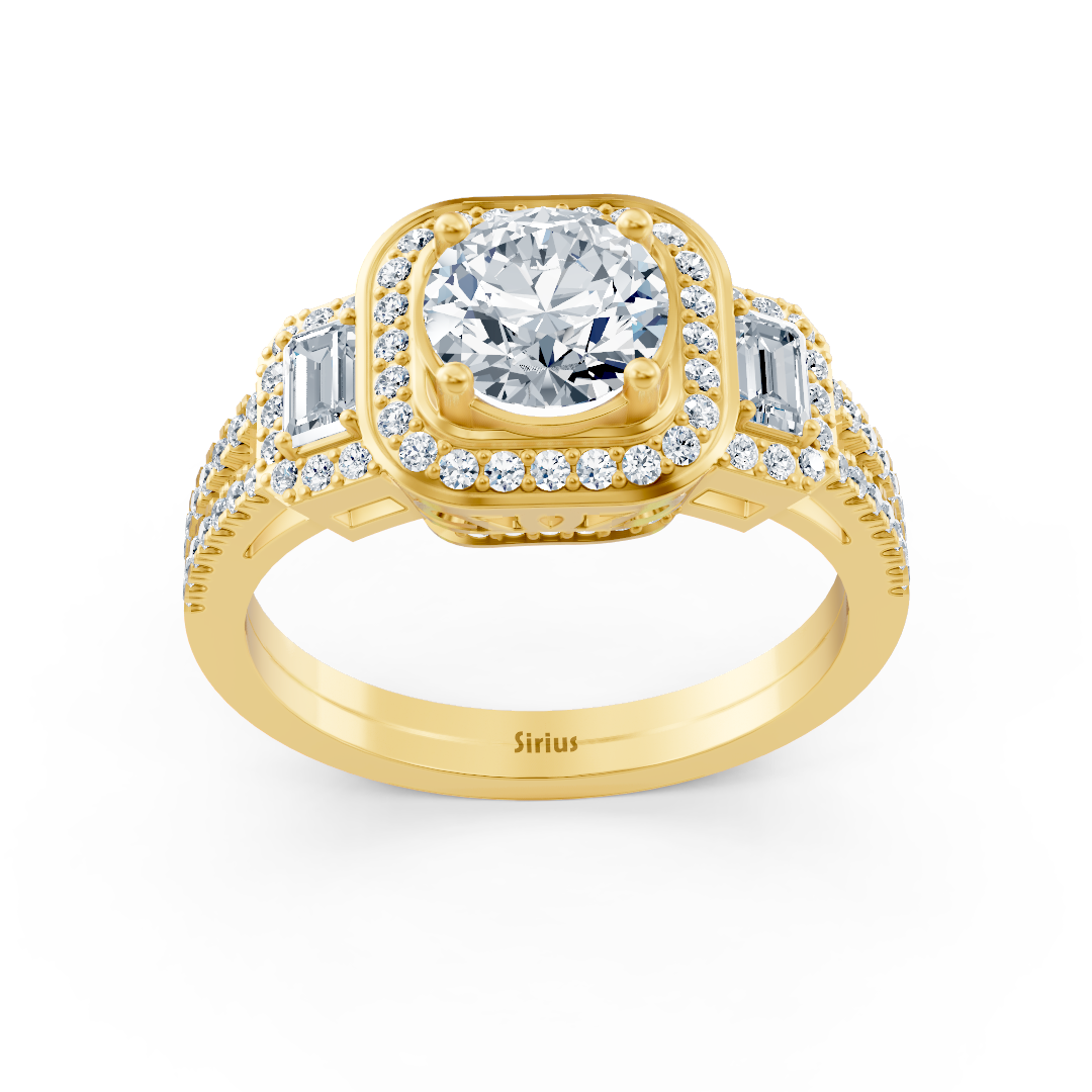 Three-stone &amp; halo diamond ring yellow gold