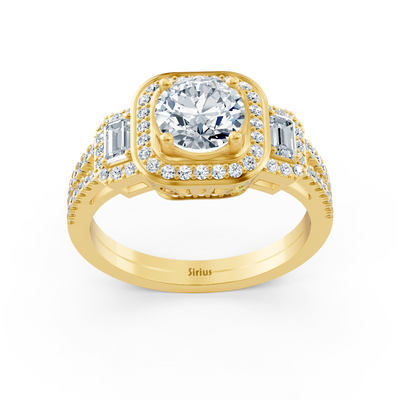 Three-stone &amp; halo diamond ring yellow gold