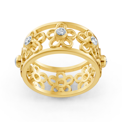Filigree flower ring with diamonds in 14K yellow gold