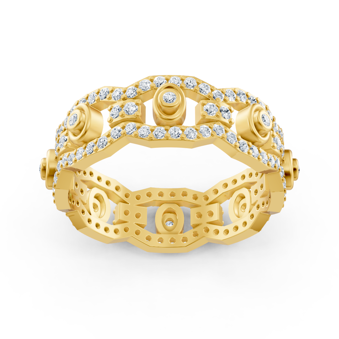 Gelbgoldener Diamantring mit Ketten- und Kreisdesign