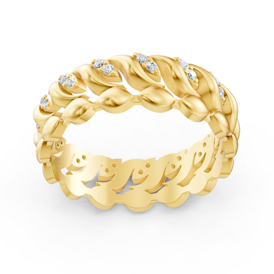 Delicate yellow gold ring with diamonds in a heart tendril design