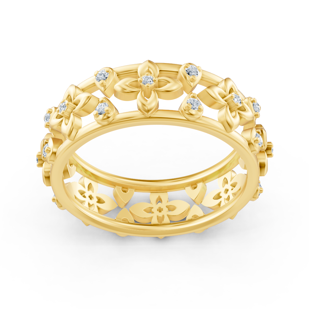 Noble yellow gold ring with diamonds in a flower design – filigree elegance