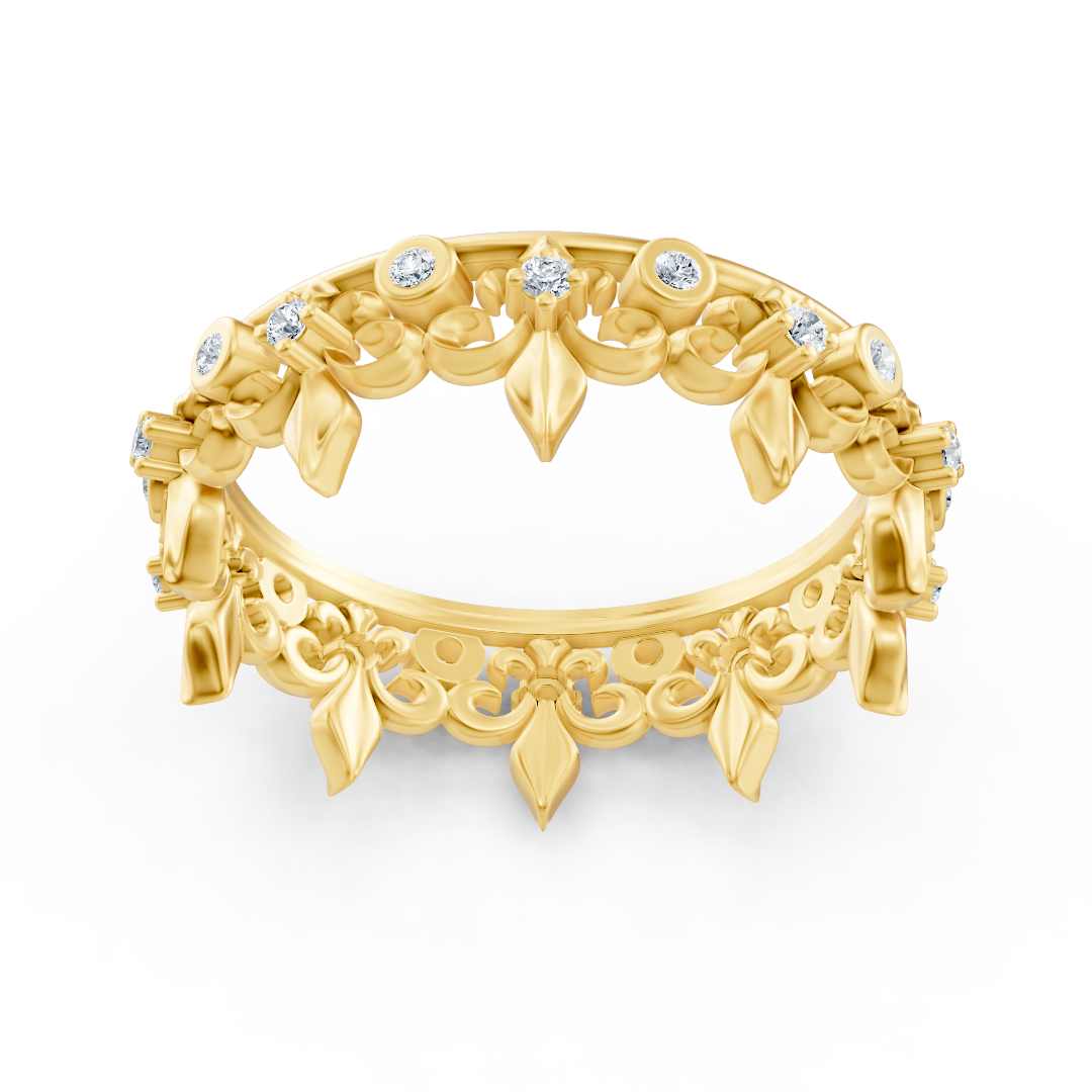 Yellow gold ring with round diamonds in prong and bezel design