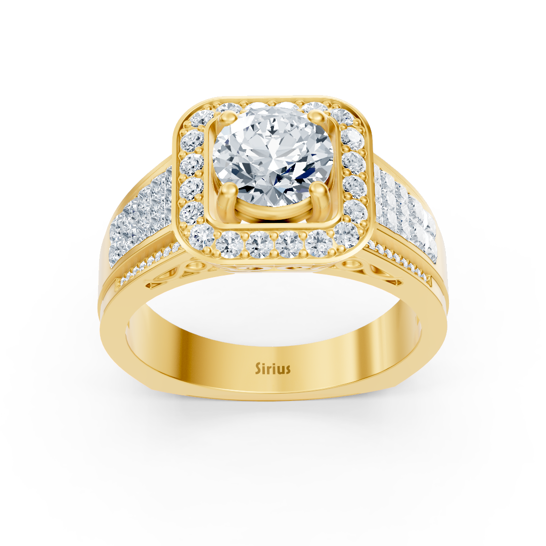 Sparkling princess and brilliant cut diamond engagement ring in 14 carat yellow gold