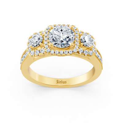 Gelbgoldener Halo Drei-Stein Diamantring