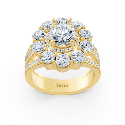 Gelbgoldener Halo-Ring mit Diamanten, Smaragden & Rubinen