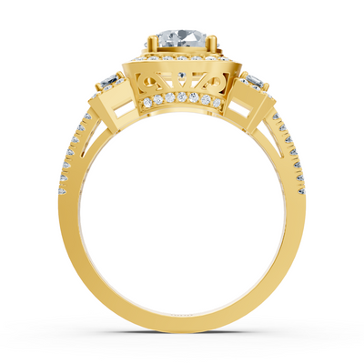 Three-stone &amp; halo diamond ring yellow gold