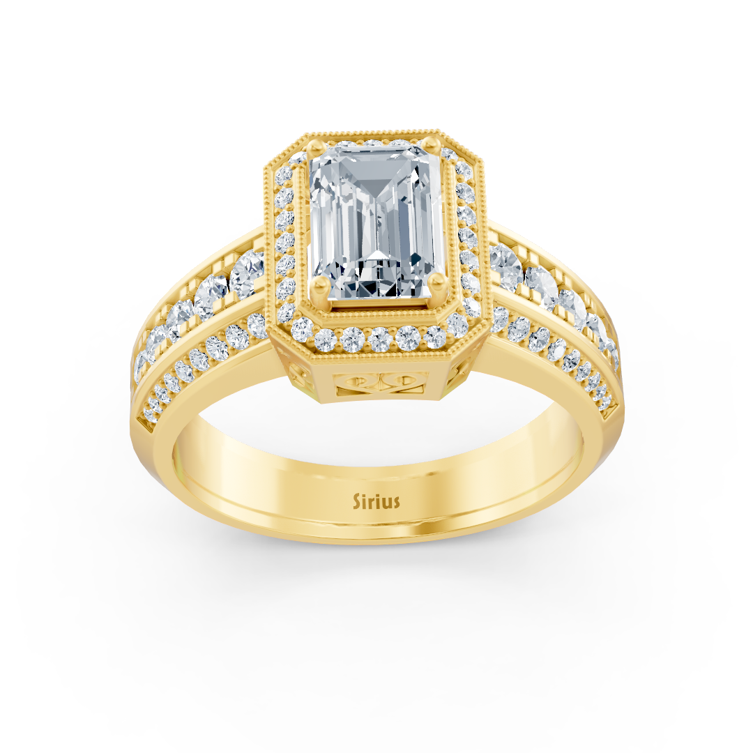 Birgie Sirius Yellow Gold Diamond &amp; Emerald Halo Ring with Emerald &amp; Round Cut