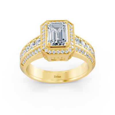 Birgie Sirius Yellow Gold Diamond &amp; Emerald Halo Ring with Emerald &amp; Round Cut