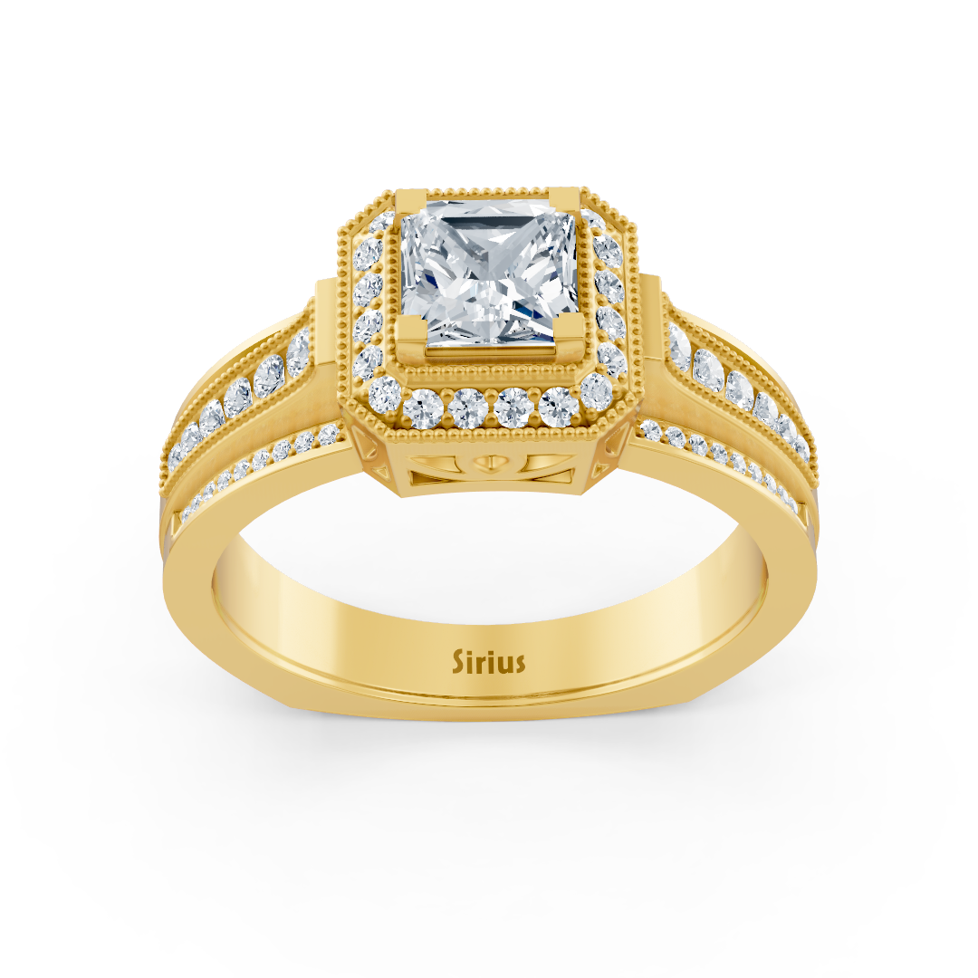 Birgie Sirius Gelbgold Diamant & Saphir Halo Ring mit Prinzess & Rundschliff