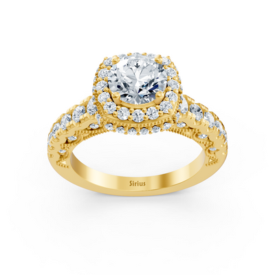 Birgie Sirius Gelbgold Halo Diamant Verlobungsring mit Rundschliff