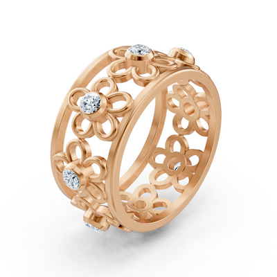 Filigree flower ring with diamonds in 14K rose gold