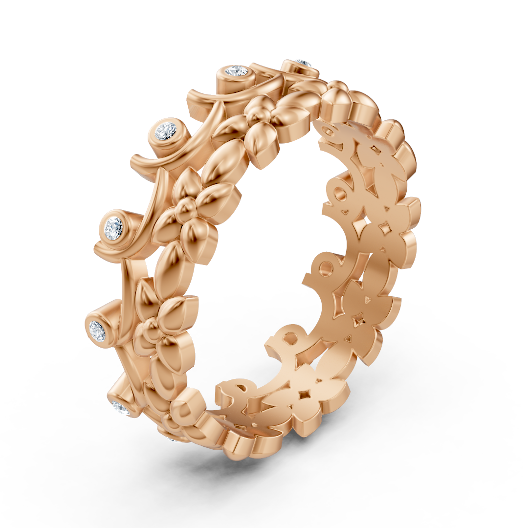 Rose gold diamond ring with floral vine pattern