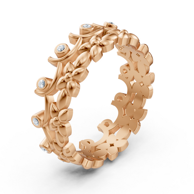 Rose gold diamond ring with floral vine pattern