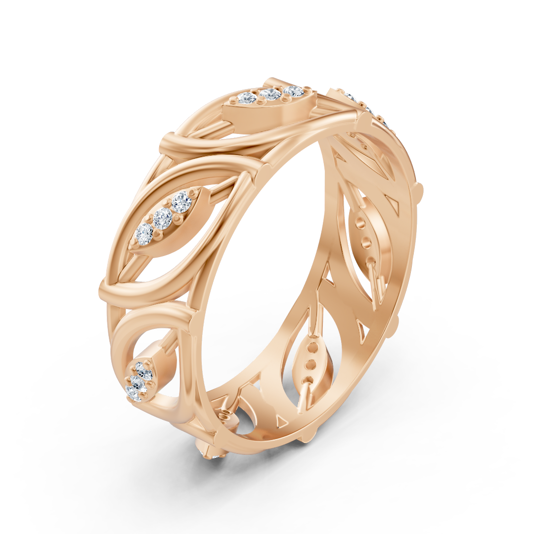 Modern rose gold ring with round diamonds in prong design