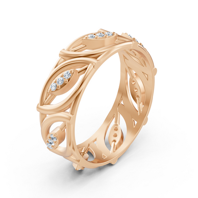 Modern rose gold ring with round diamonds in prong design
