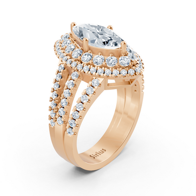 Rose gold halo ring with marquise diamond &amp; rubies