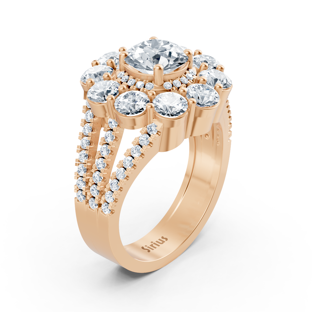 Roségoldener Halo-Ring mit Diamanten, Smaragden & Rubinen