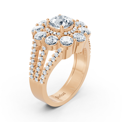Roségoldener Halo-Ring mit Diamanten, Smaragden & Rubinen
