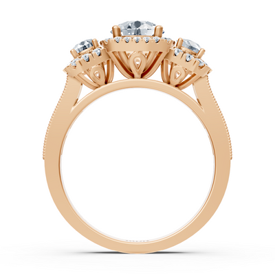 Rose gold halo three-stone diamond ring