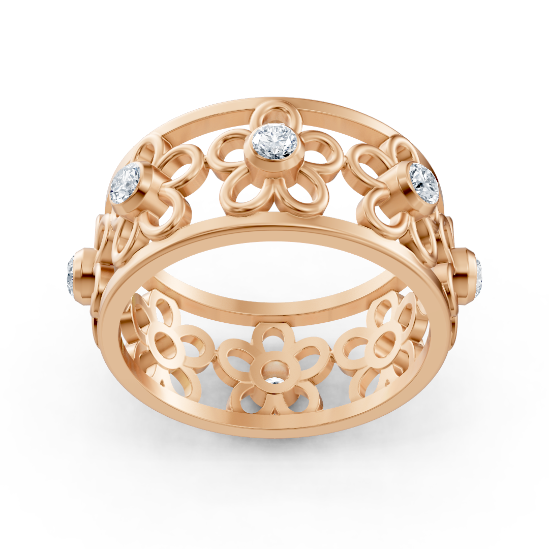 Filigree flower ring with diamonds in 14K rose gold