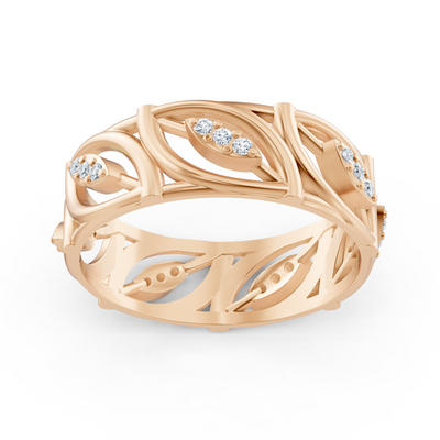 Modern rose gold ring with round diamonds in prong design