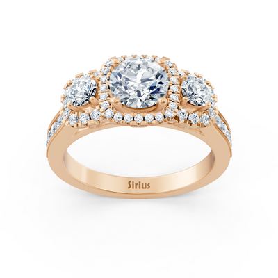 Rose gold halo three-stone diamond ring